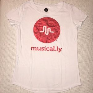 Metallic red and white Musical.ly shirt.